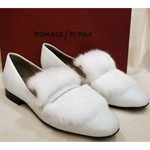 Donald Pliner Flat Comfort Loafer Shoes Sz.9.5M Fur Embellished White Leather